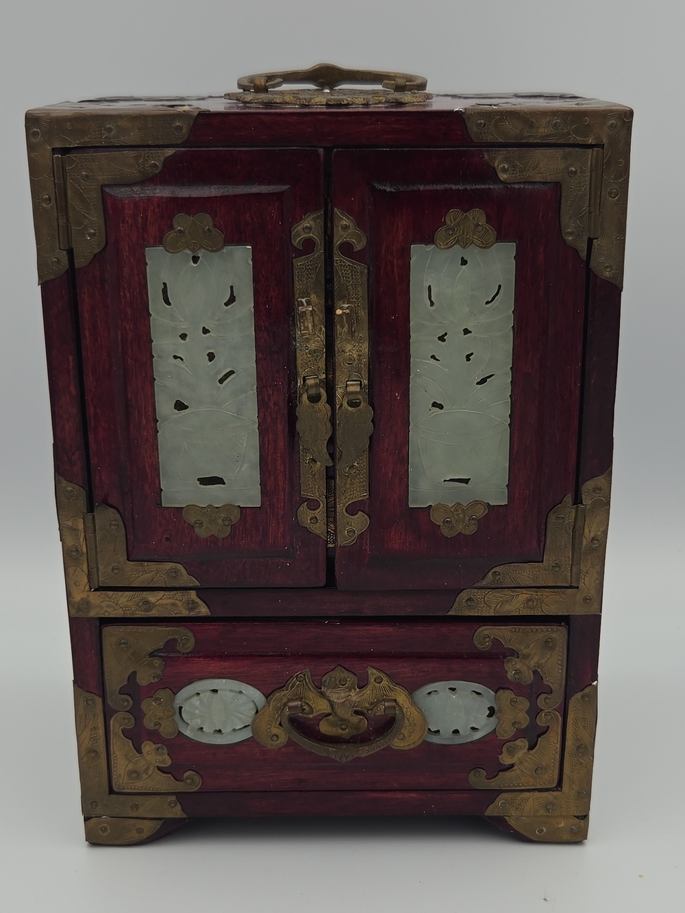 Wood & Brass Jewelry Chest Post 1940 with Jade Inlay - Red